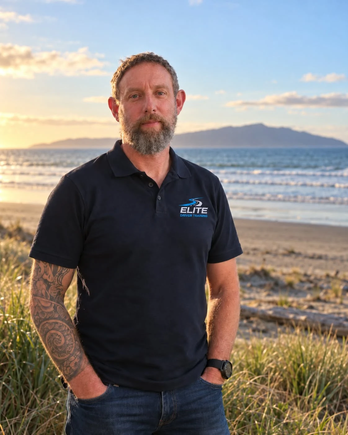 Martin from Elite Driver Training standing on a beach wearing an Elite Driver Training polo shirt.